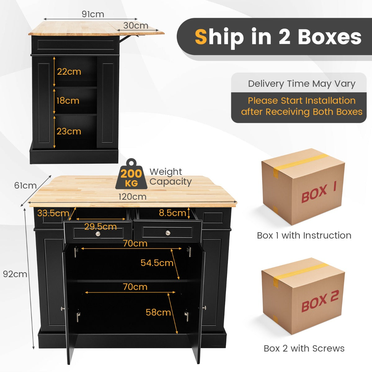 Kitchen Island with Drop Leaf Countertop and 3-Level Adjustable Shelves