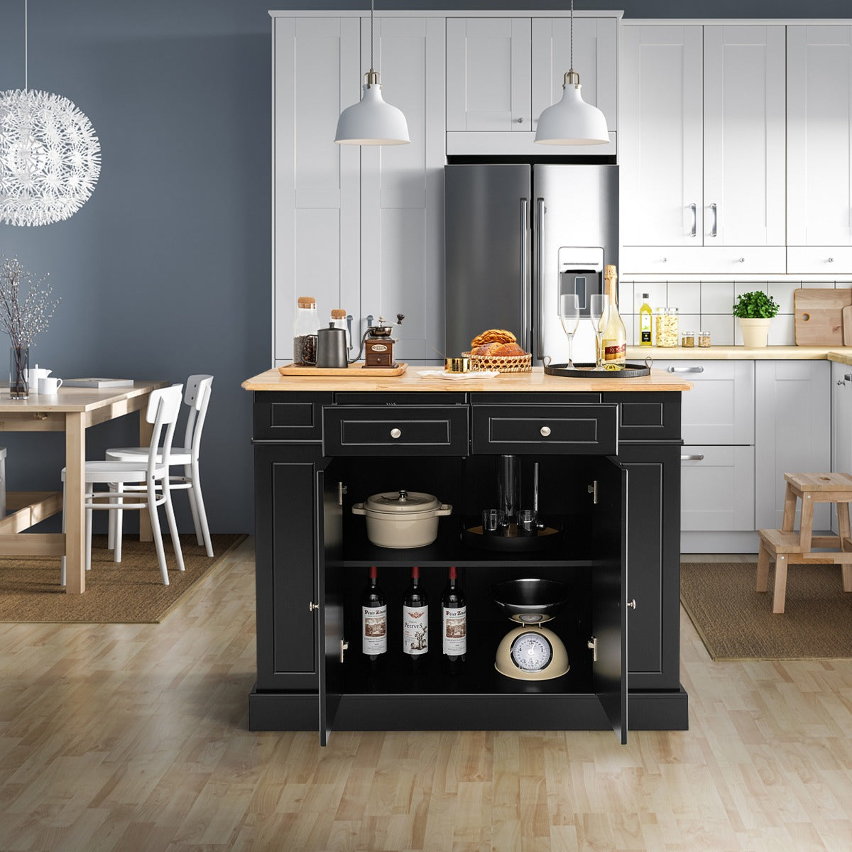 Kitchen Island with Drop Leaf Countertop and 3-Level Adjustable Shelves