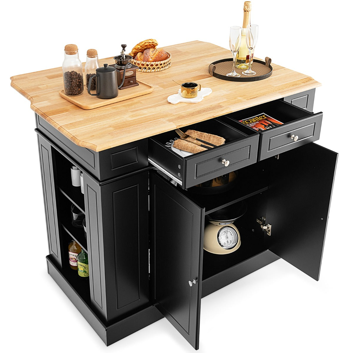 Kitchen Island with Drop Leaf Countertop and 3-Level Adjustable Shelves