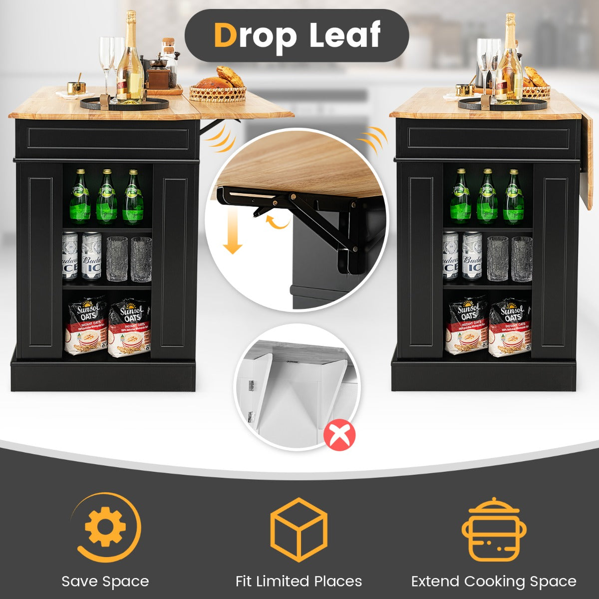 Kitchen Island with Drop Leaf Countertop and 3-Level Adjustable Shelves