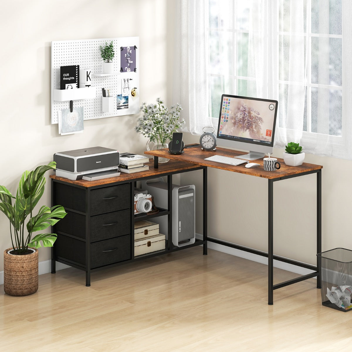 L-shaped Computer Desk with Power Outlet for Working
