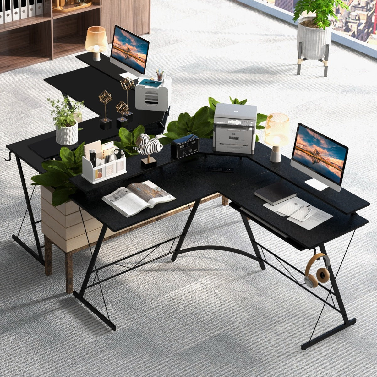 L-shaped Computer Desk with Power Outlet for Home Office