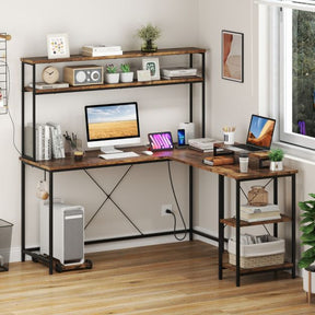 L-Shaped Gaming Desk with LED Strip and Power Outlets