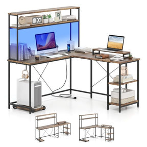 L-Shaped Gaming Desk with LED Strip and Power Outlets