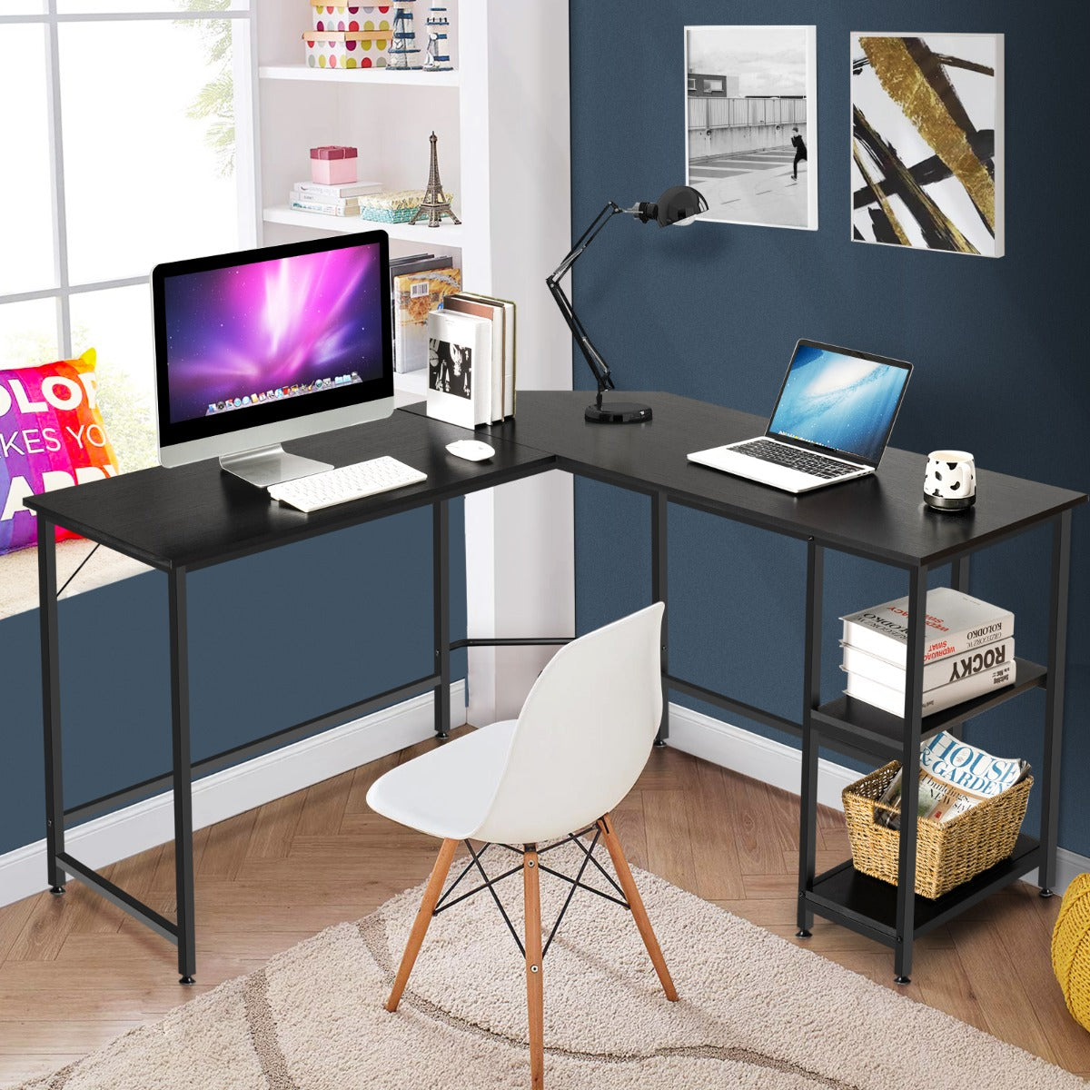 L-Shaped Desk with 2-Tier Storage Shelf for Home