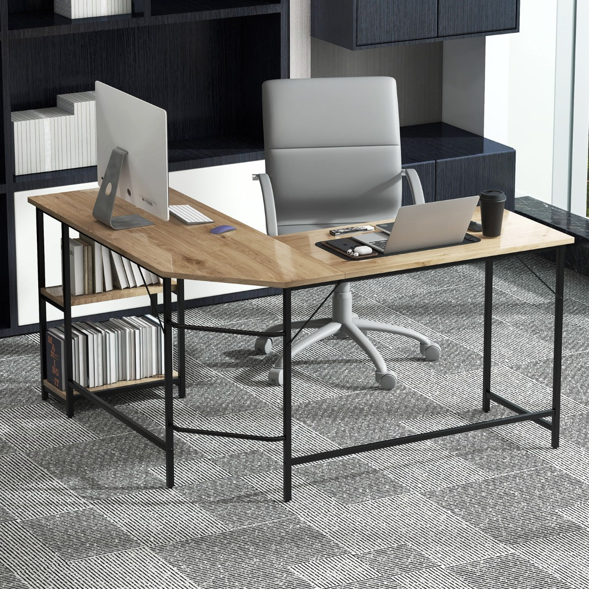 L-Shaped Desk with 2-Tier Storage Shelf for Home