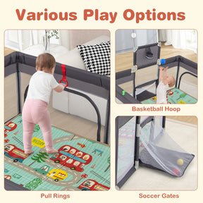 204 x 147 cm Large Baby Playpen Playard with Basketball Hoop Soccer Gates