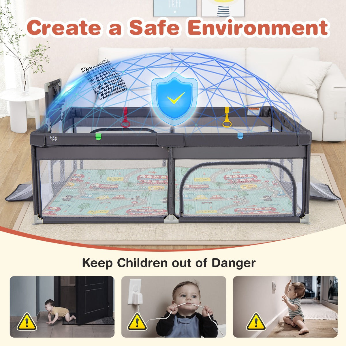 204 x 147 cm Large Baby Playpen Playard with Basketball Hoop Soccer Gates