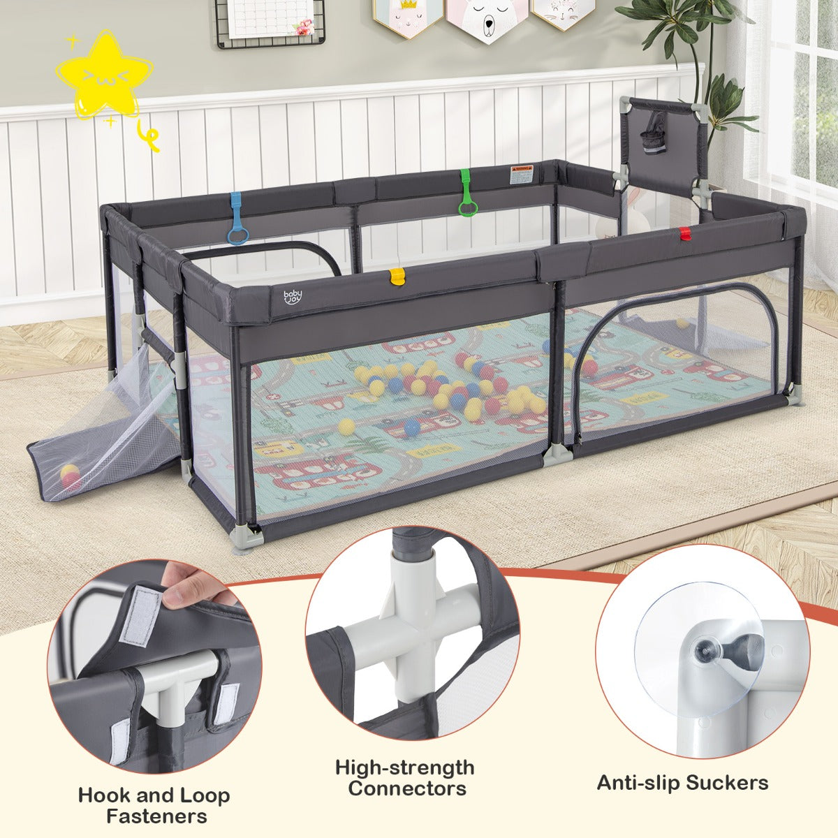 204 x 147 cm Large Baby Playpen Playard with Basketball Hoop Soccer Gates