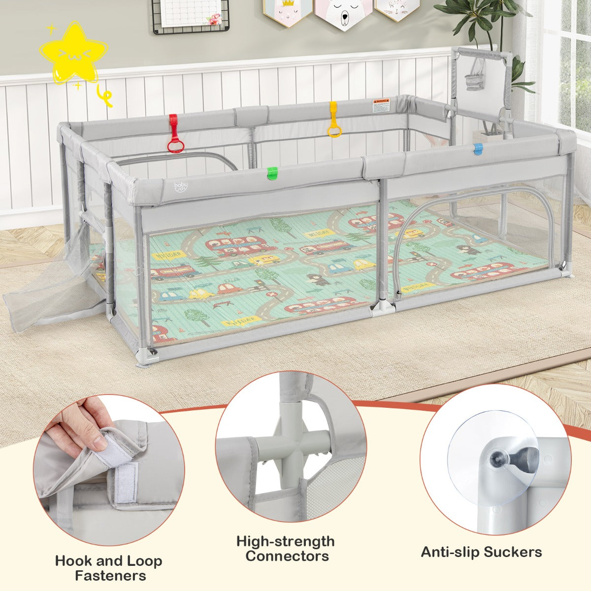 204 x 147 cm Large Baby Playpen Playard with Basketball Hoop Soccer Gates