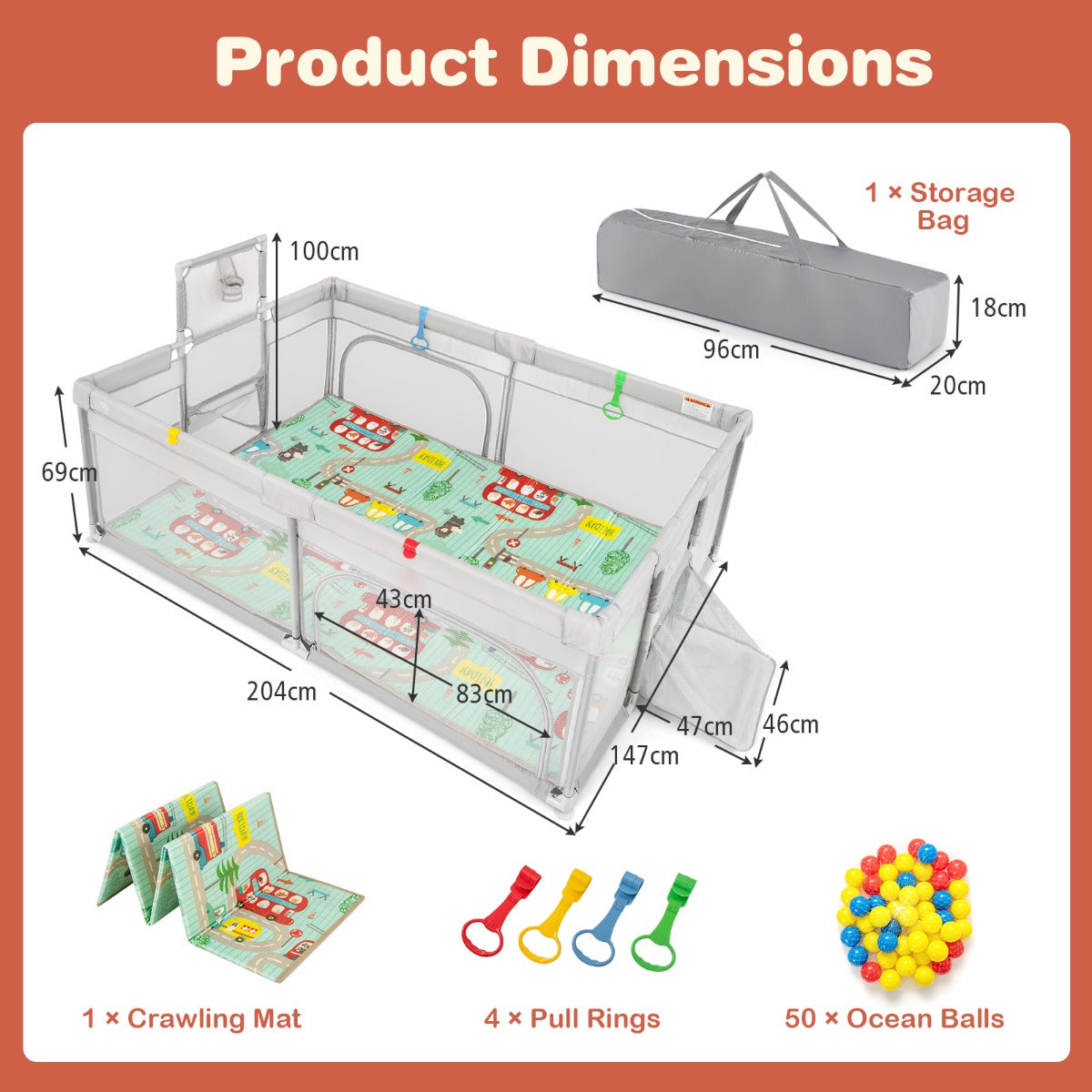 204 x 147 cm Large Baby Playpen Playard with Basketball Hoop Soccer Gates
