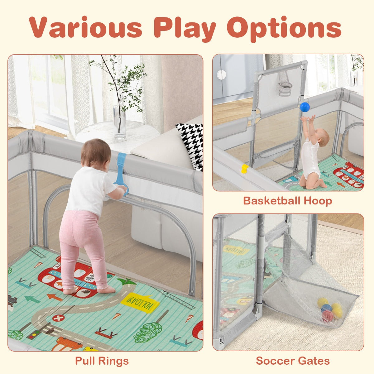 204 x 147 cm Large Baby Playpen Playard with Basketball Hoop Soccer Gates