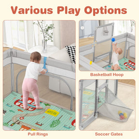 204 x 147 cm Large Baby Playpen Playard with Basketball Hoop Soccer Gates