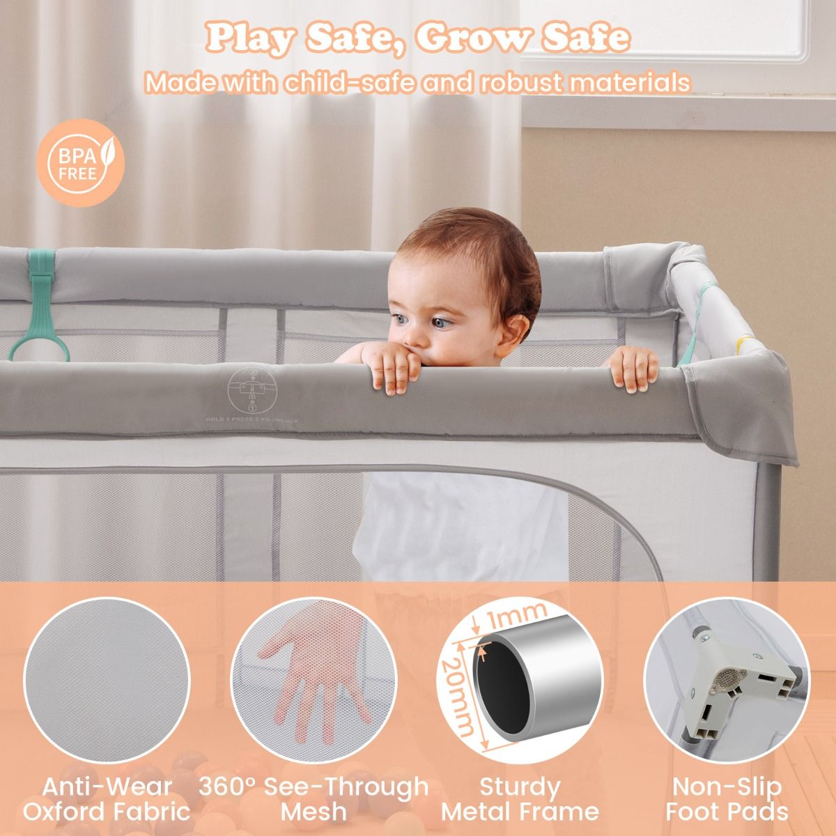 127cm x 127cm Large Baby Playpen with Zipper Gate