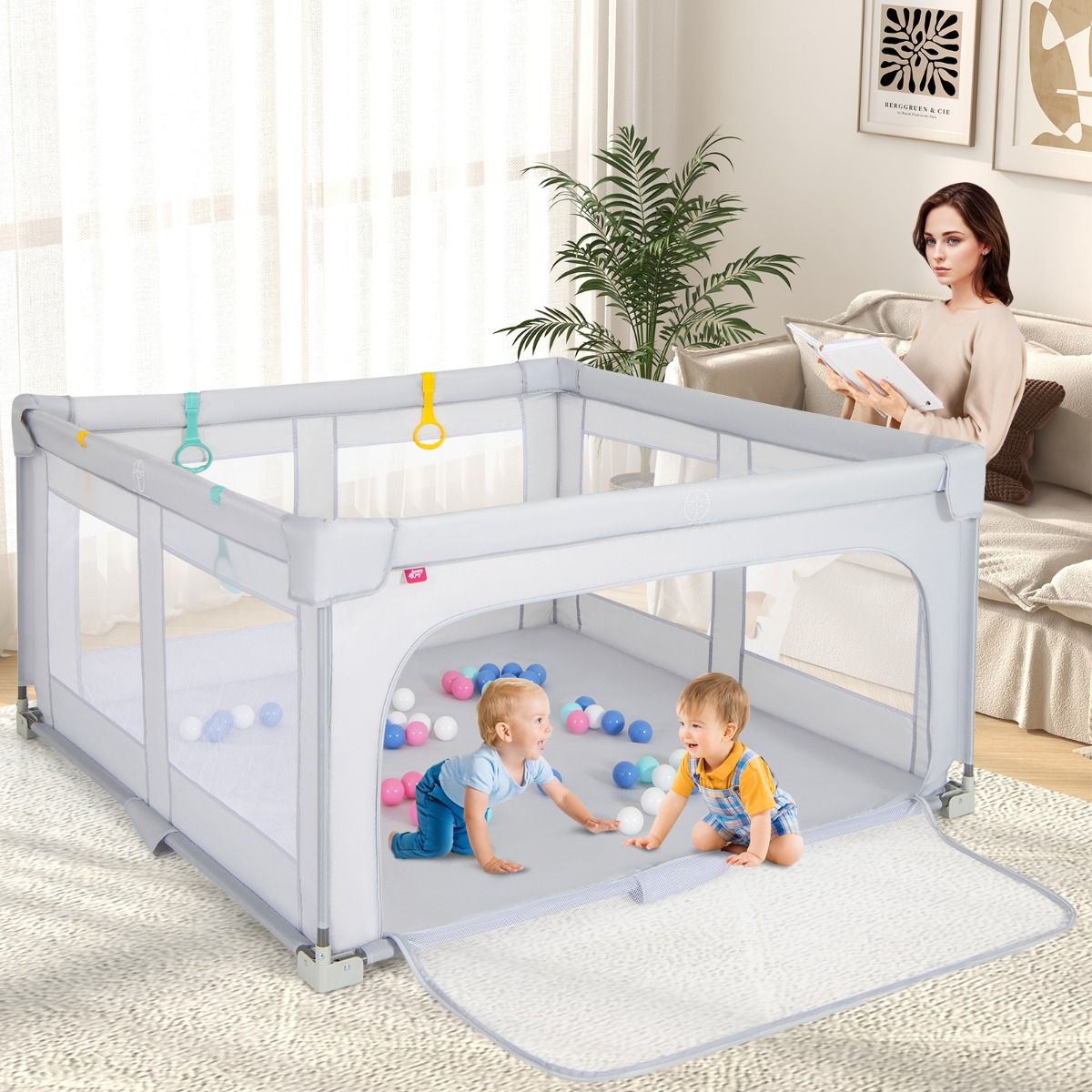 127cm x 127cm Large Baby Playpen with Zipper Gate