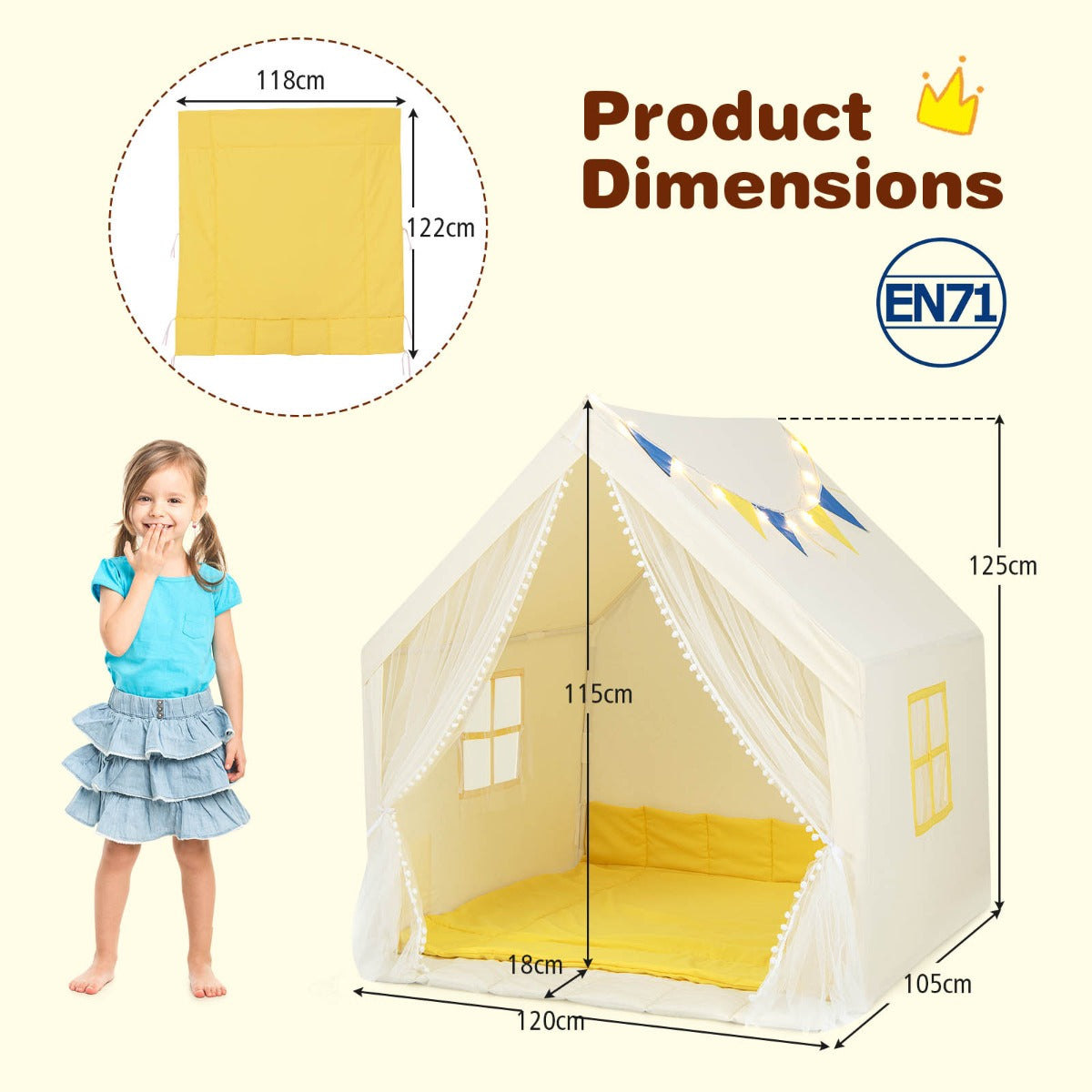 Large Play Tent with Washable Cotton Mat and Star Lights for Kids
