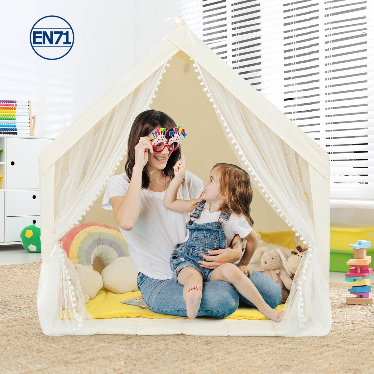 Large Play Tent with Washable Cotton Mat and Star Lights for Kids