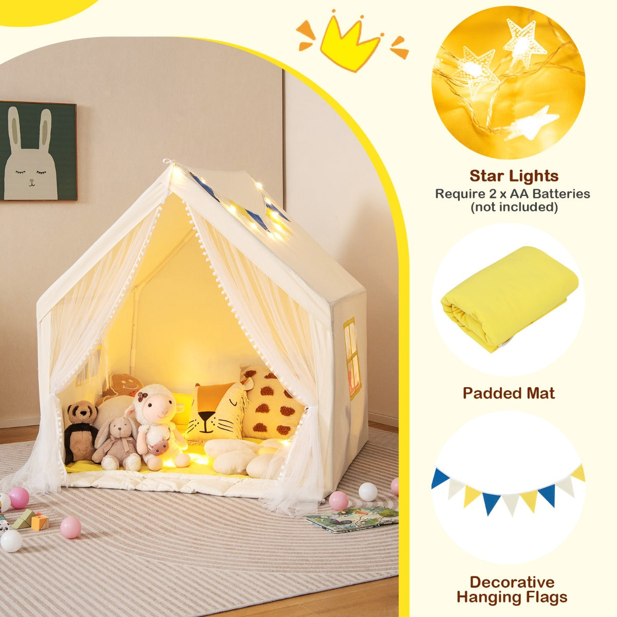 Large Play Tent with Washable Cotton Mat and Star Lights for Kids