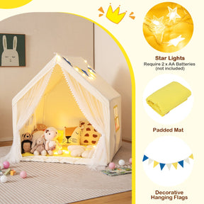 Large Play Tent with Washable Cotton Mat and Star Lights for Kids