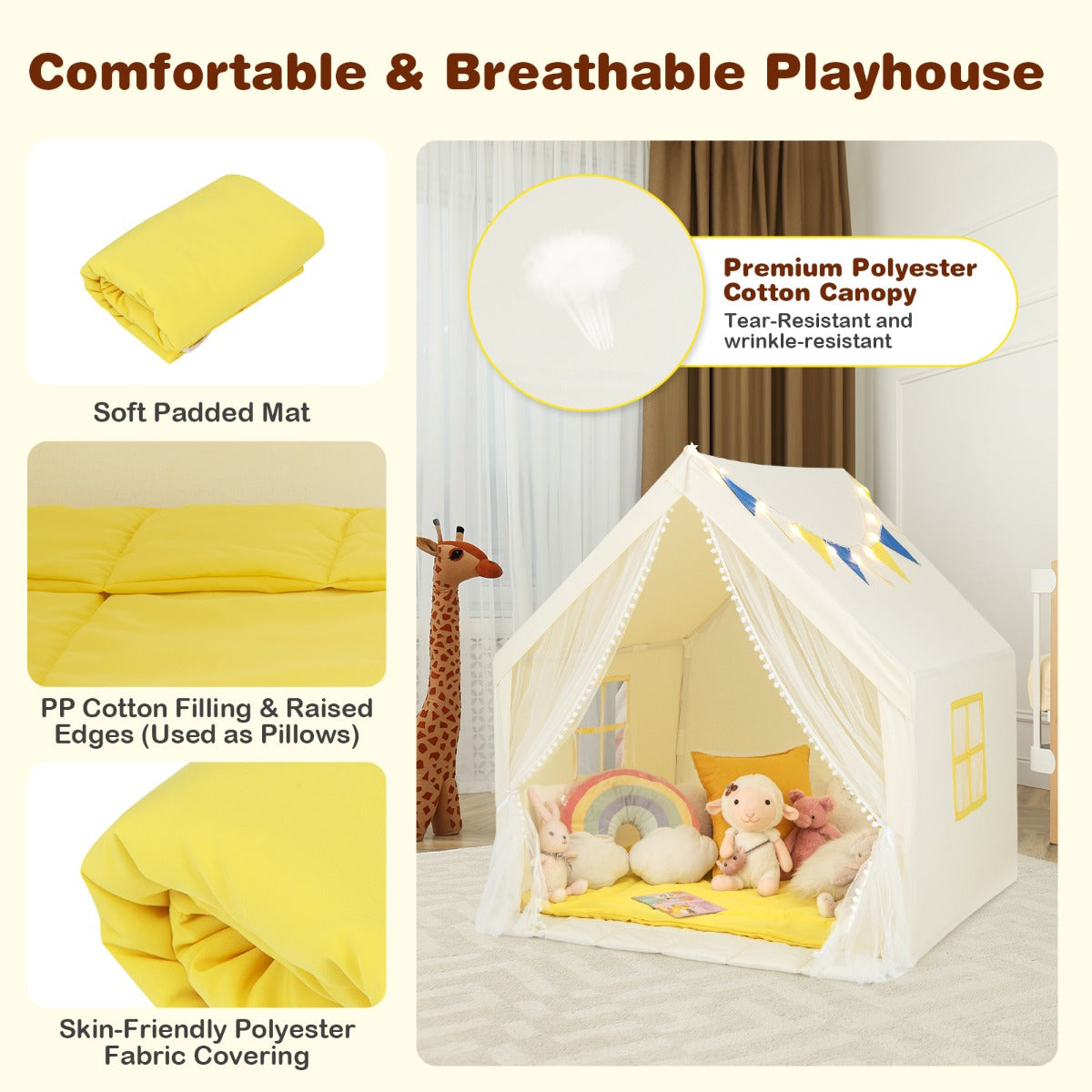 Large Play Tent with Washable Cotton Mat and Star Lights for Kids