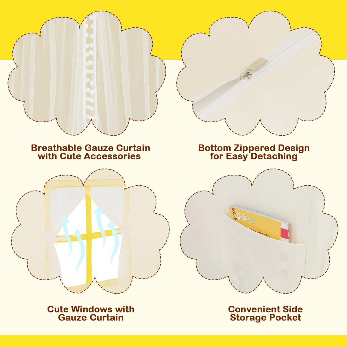 Large Play Tent with Washable Cotton Mat and Star Lights for Kids