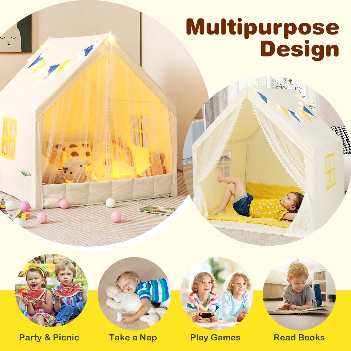 Large Play Tent with Washable Cotton Mat and Star Lights for Kids
