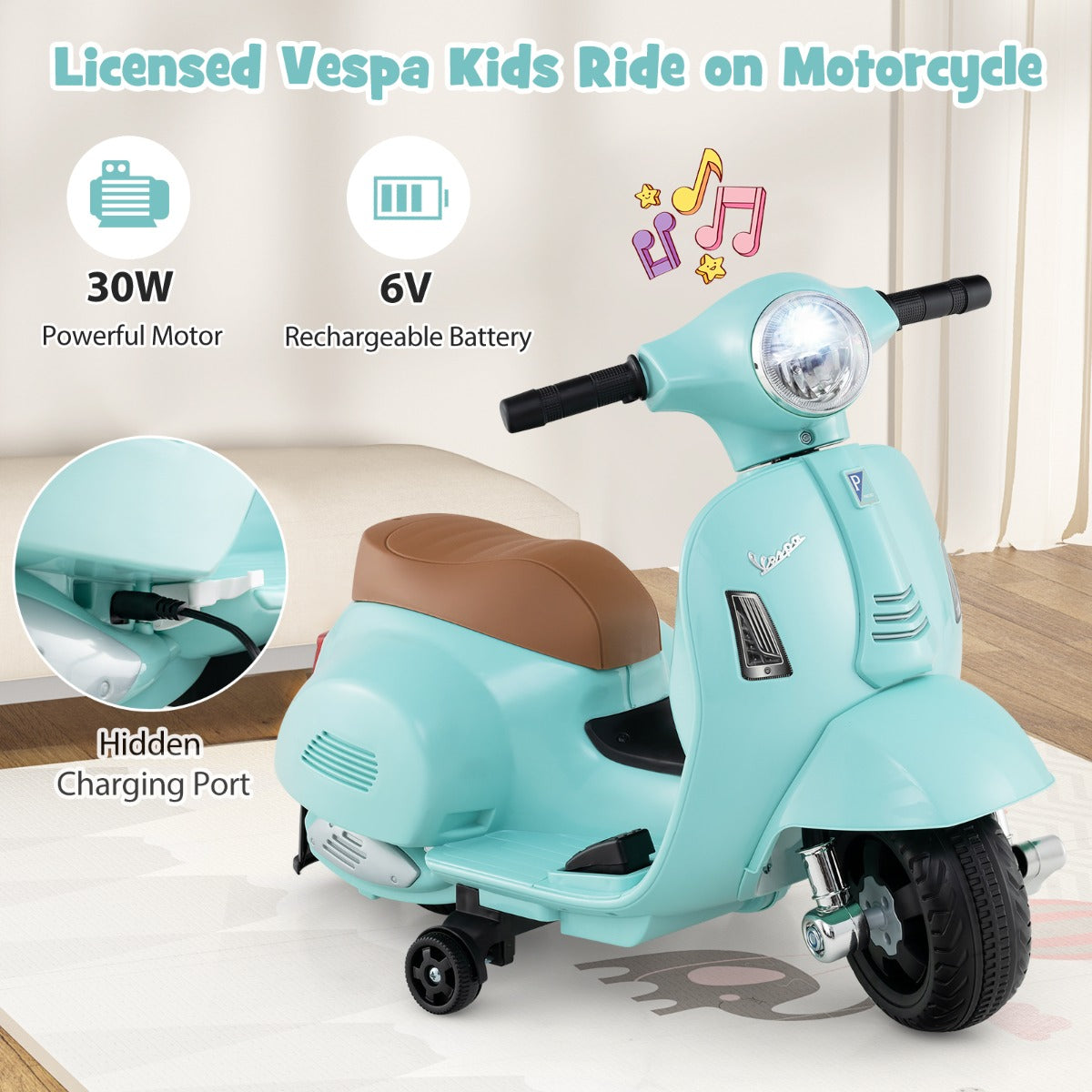 Licensed Vespa Kids Ride on Motorcycle with LED Headlight and Horn Sound