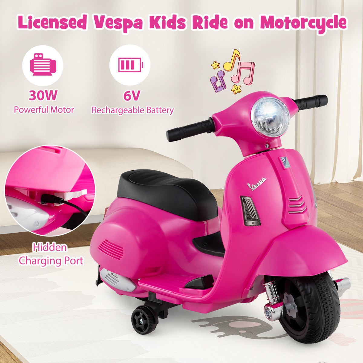 Licensed Vespa Kids Ride on Motorcycle with LED Headlight and Horn Sound