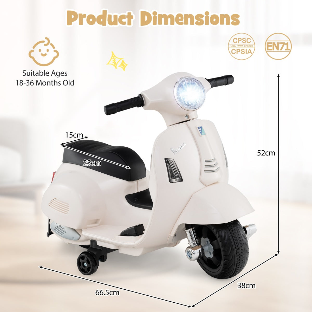 Licensed Vespa Kids Ride on Motorcycle with LED Headlight and Horn Sound