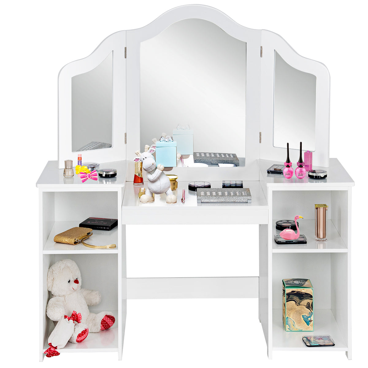 2-in-1 Princess Makeup Table with Tri-Folding Mirror and 4 Storage Shelves