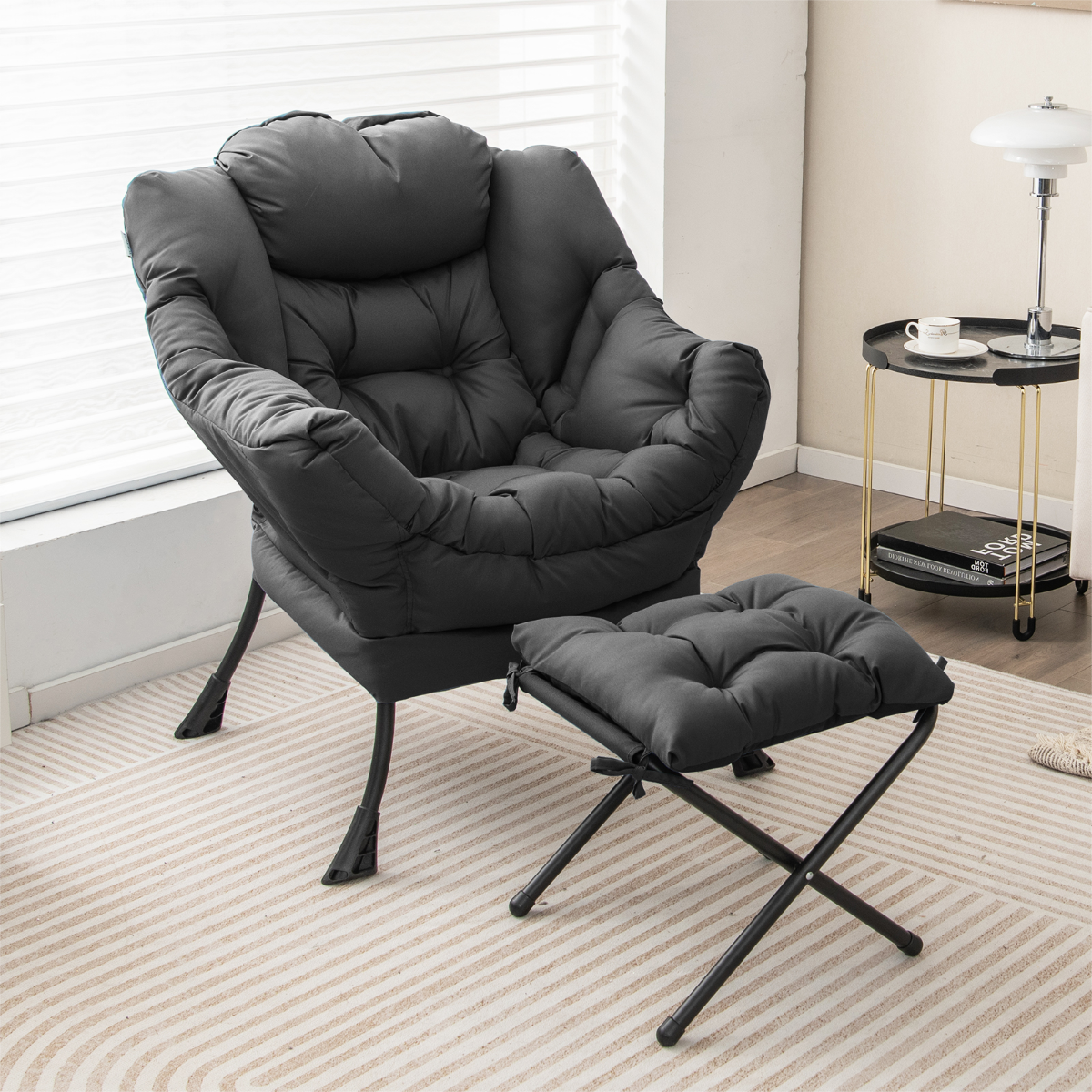 Modern Lazy Chair with Ottoman Pillow Armrests Side Pocket