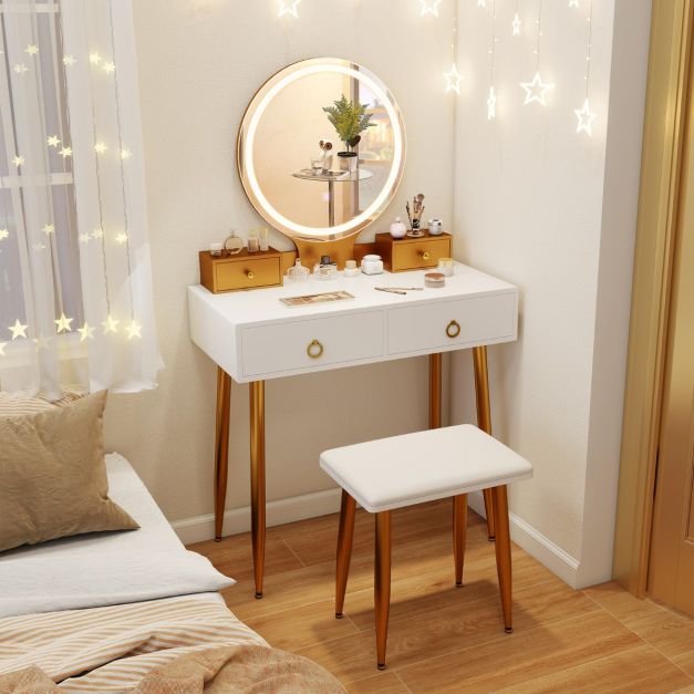 Modern Makeup Vanity Desk Dressing Table with 3-Color Lighted Mirror