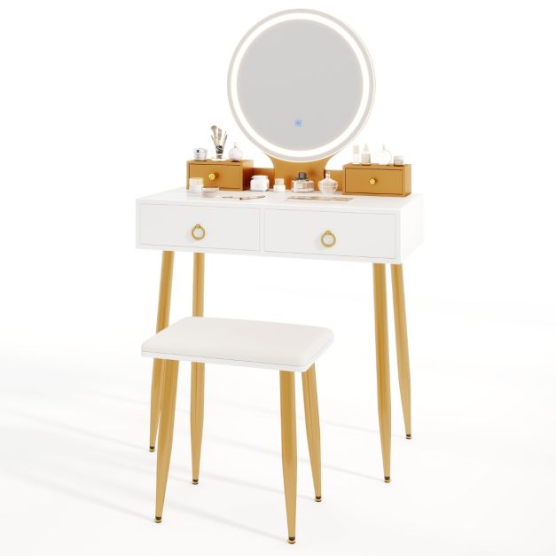 Modern Makeup Vanity Desk Dressing Table with 3-Color Lighted Mirror