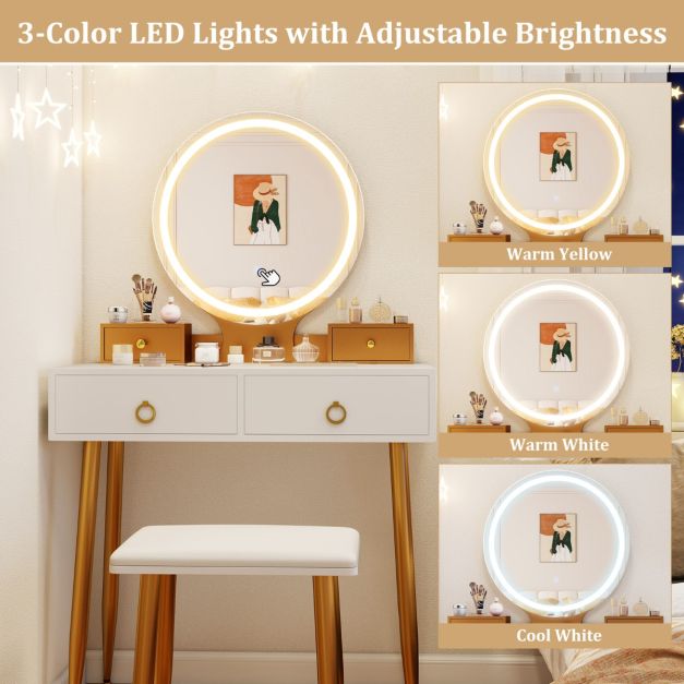 Modern Makeup Vanity Desk Dressing Table with 3-Color Lighted Mirror