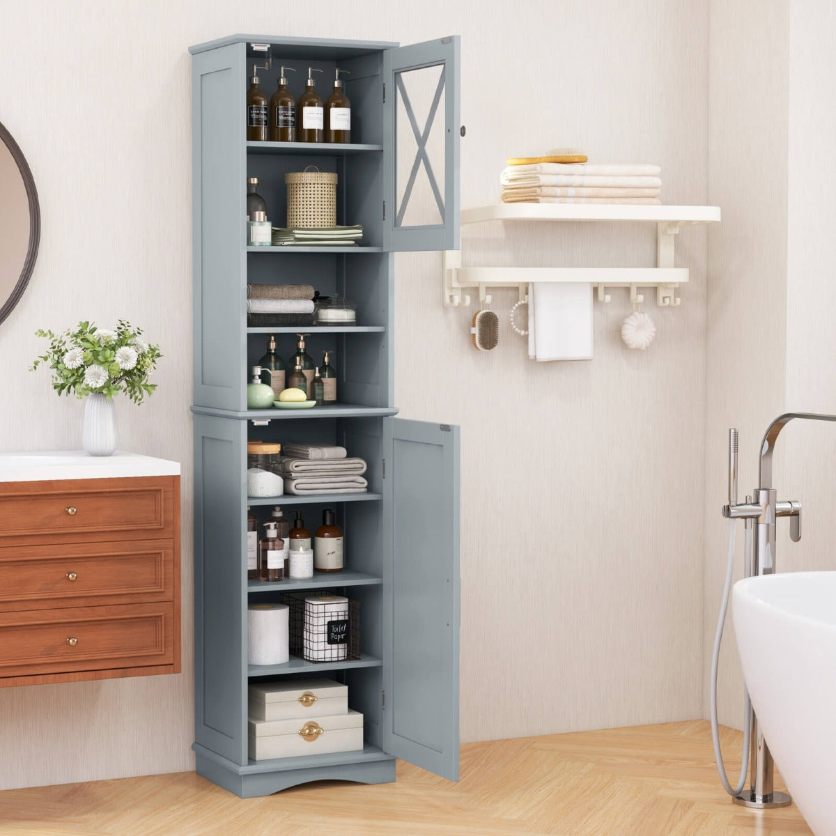 Narrow Tall Bathroom Freestanding Storage Cabinet with 5 Adjustable Shelves
