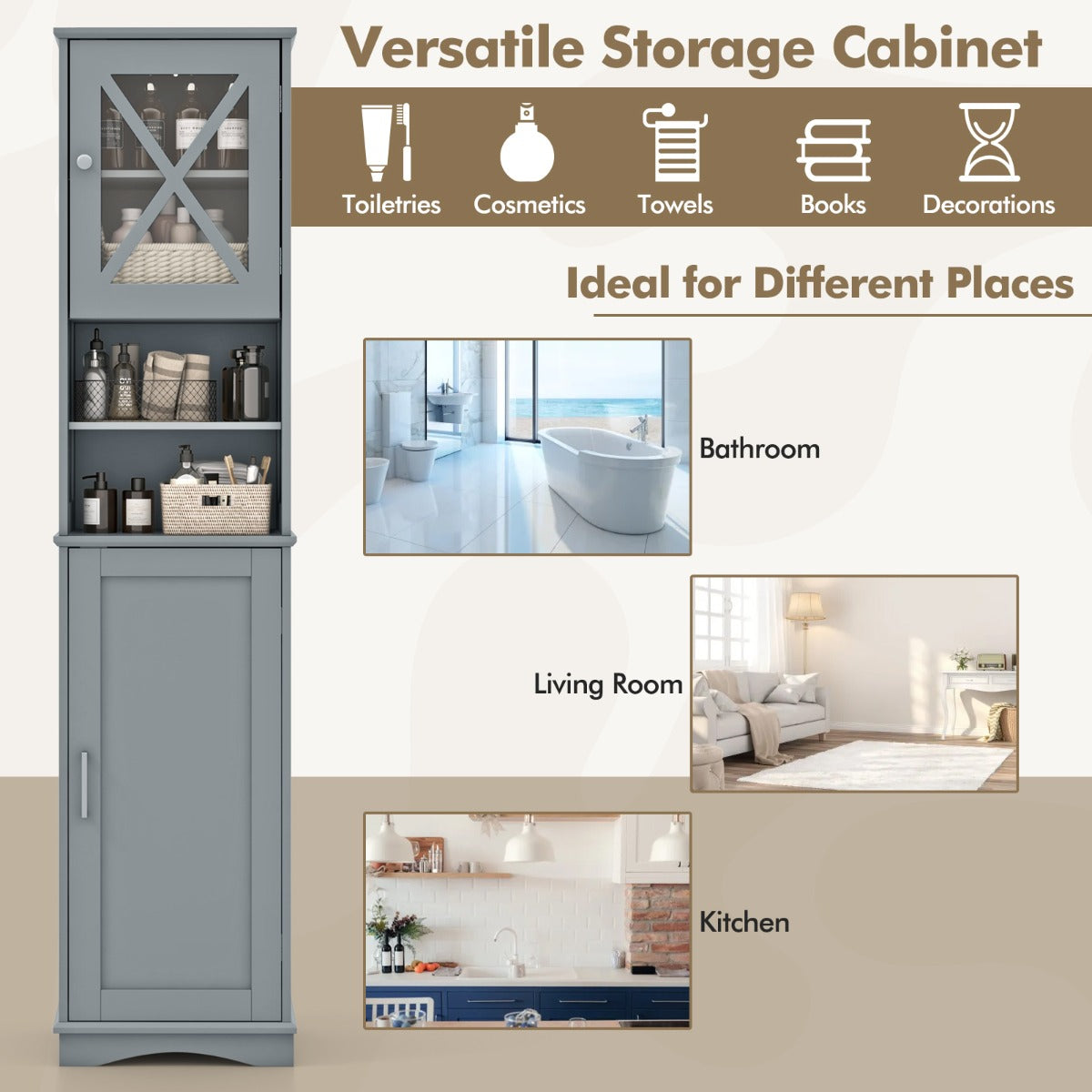 Narrow Tall Bathroom Freestanding Storage Cabinet with 5 Adjustable Shelves