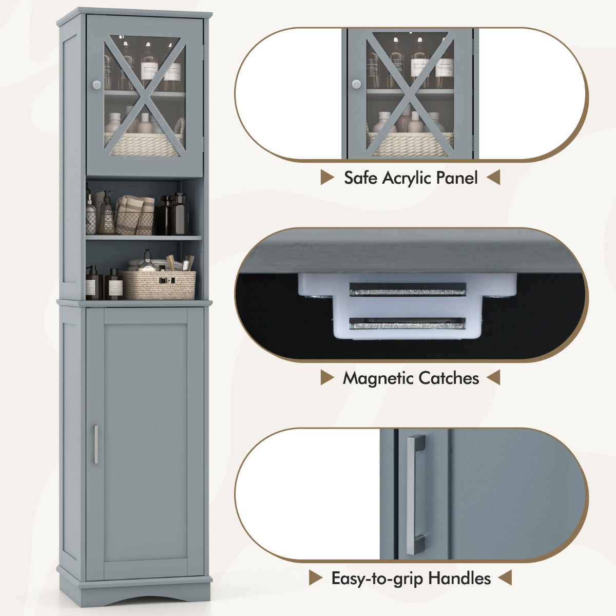 Narrow Tall Bathroom Freestanding Storage Cabinet with 5 Adjustable Shelves