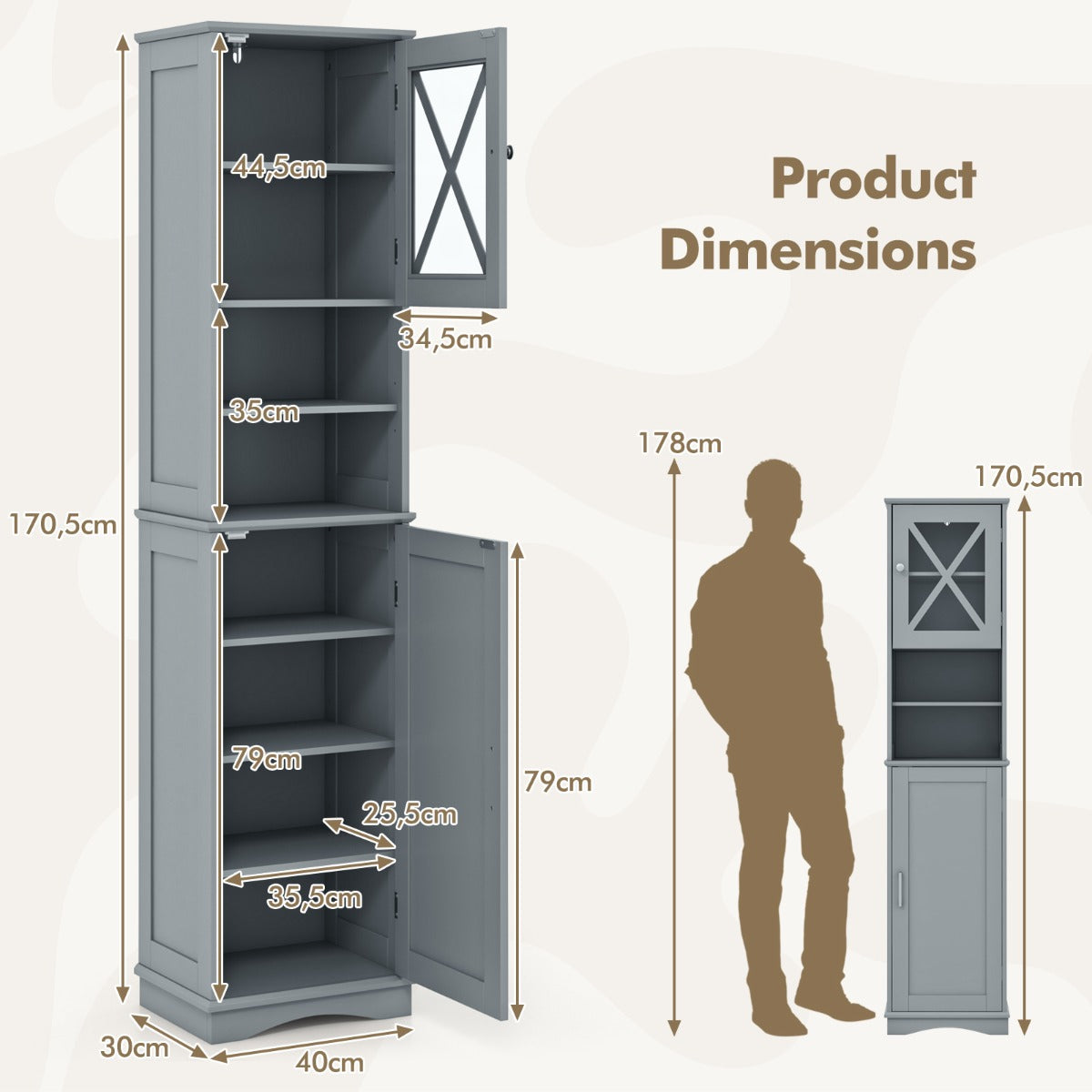 Narrow Tall Bathroom Freestanding Storage Cabinet with 5 Adjustable Shelves