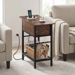 Narrow End Table with Charging Station, Skinny Sofa Side Table with Compartment, S Hooks & Wire Shelf