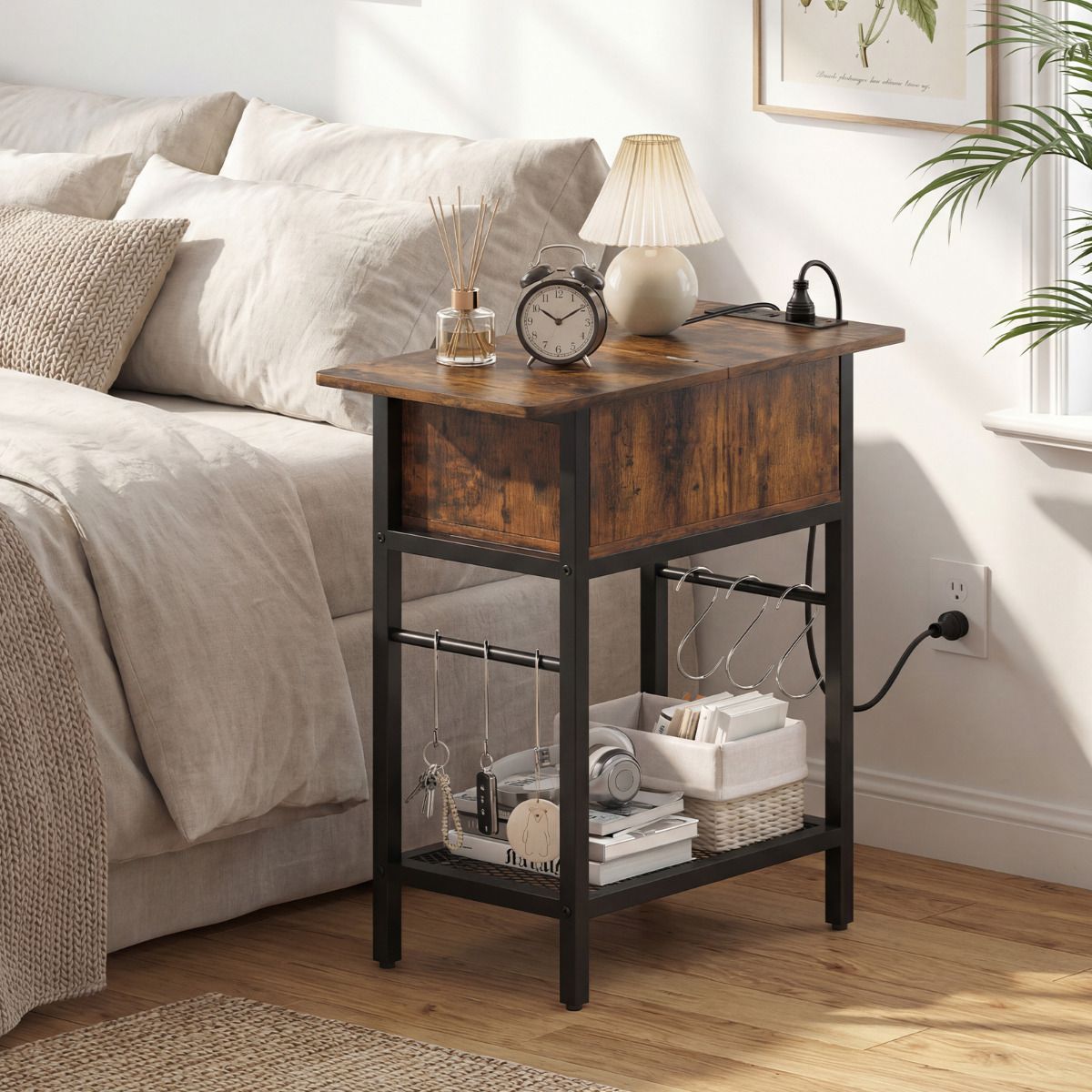 Narrow End Table with Charging Station, Skinny Sofa Side Table with Compartment, S Hooks & Wire Shelf
