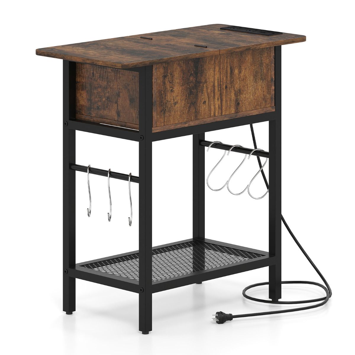 Narrow End Table with Charging Station, Skinny Sofa Side Table with Compartment, S Hooks & Wire Shelf