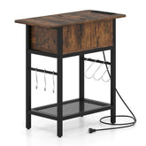 Narrow End Table with Charging Station, Skinny Sofa Side Table with Compartment, S Hooks & Wire Shelf