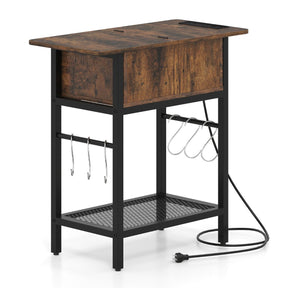 Narrow End Table with Charging Station, Skinny Sofa Side Table with Compartment, S Hooks & Wire Shelf