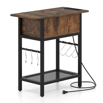 Narrow End Table with Charging Station, Skinny Sofa Side Table with Compartment, S Hooks & Wire Shelf