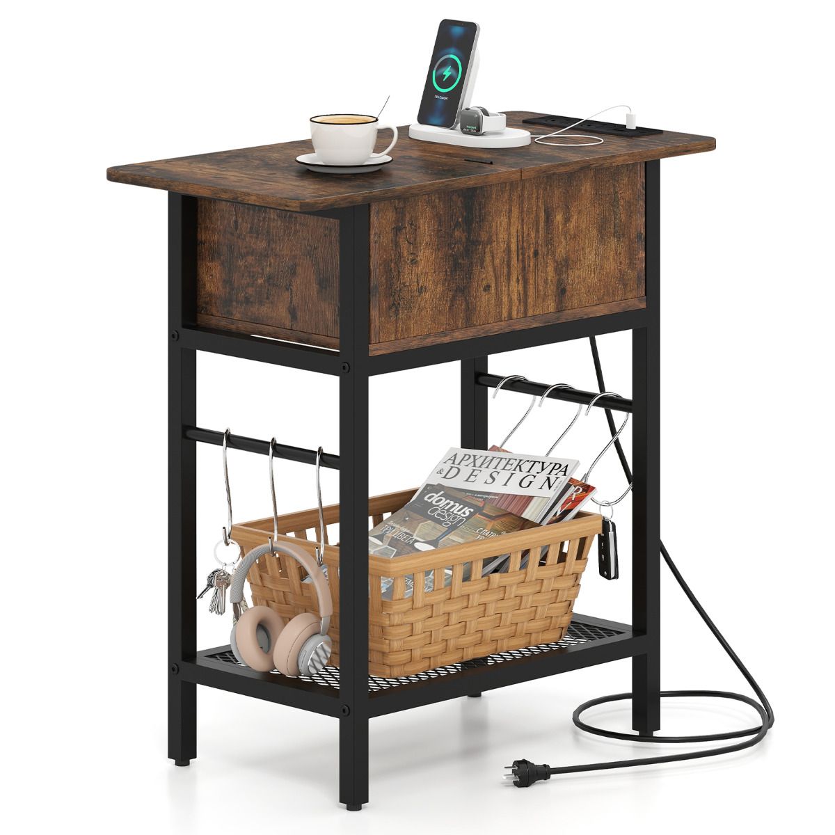 Narrow End Table with Charging Station, Skinny Sofa Side Table with Compartment, S Hooks & Wire Shelf