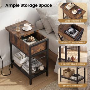 Narrow End Table with Charging Station, Skinny Sofa Side Table with Compartment, S Hooks & Wire Shelf