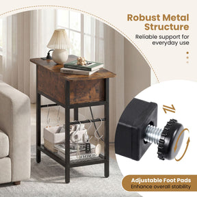 Narrow End Table with Charging Station, Skinny Sofa Side Table with Compartment, S Hooks & Wire Shelf