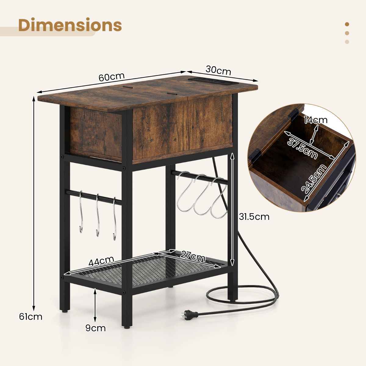 Narrow End Table with Charging Station, Skinny Sofa Side Table with Compartment, S Hooks & Wire Shelf