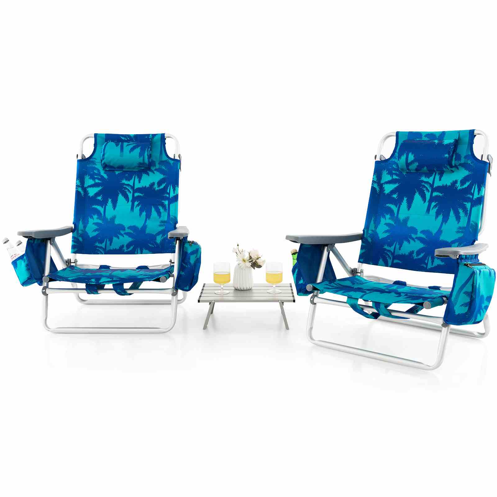 Giantex 2-Pack Folding Backpack Beach Chair Table Set 5-Position Outdoor Reclining Chair