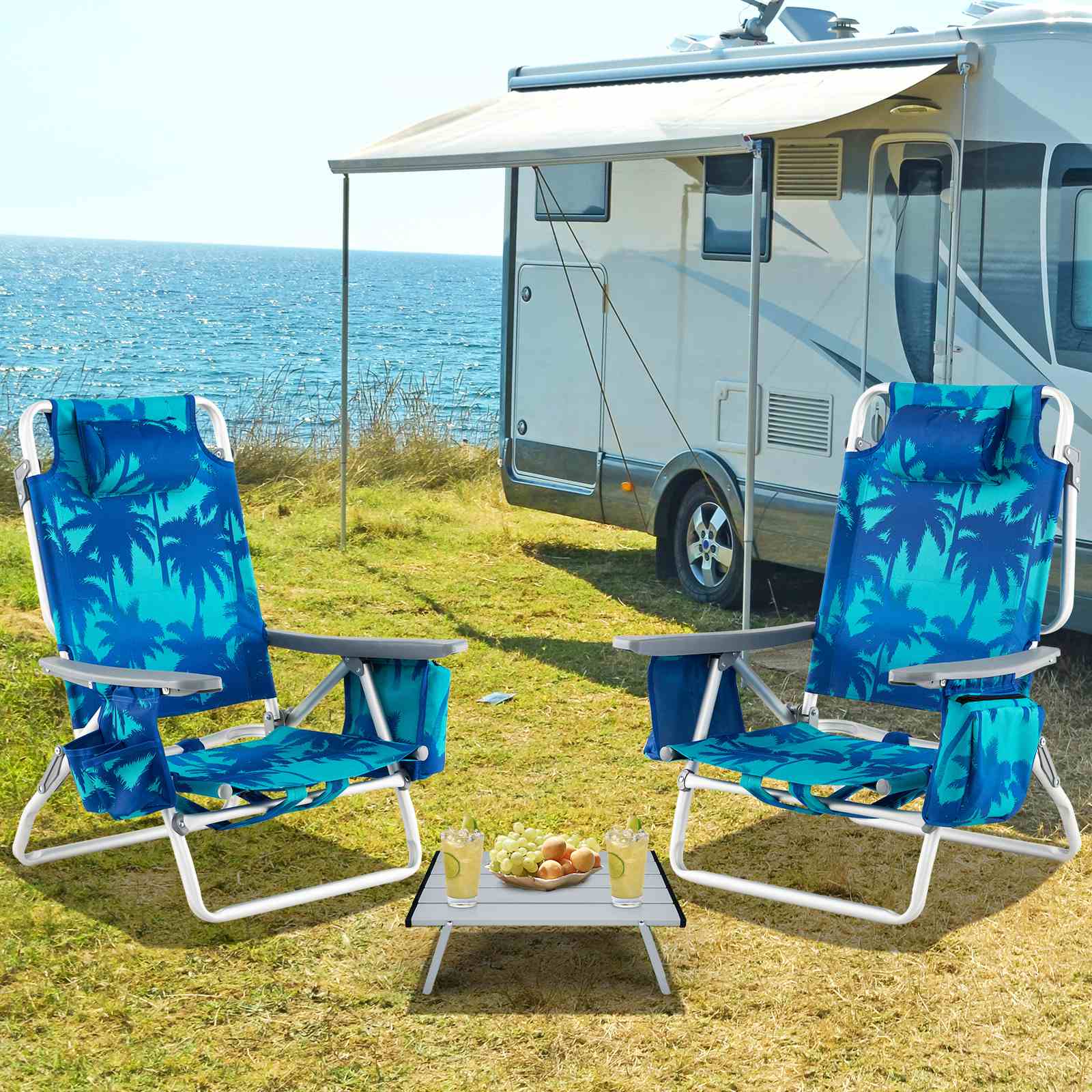 Giantex 2-Pack Folding Backpack Beach Chair Table Set 5-Position Outdoor Reclining Chair